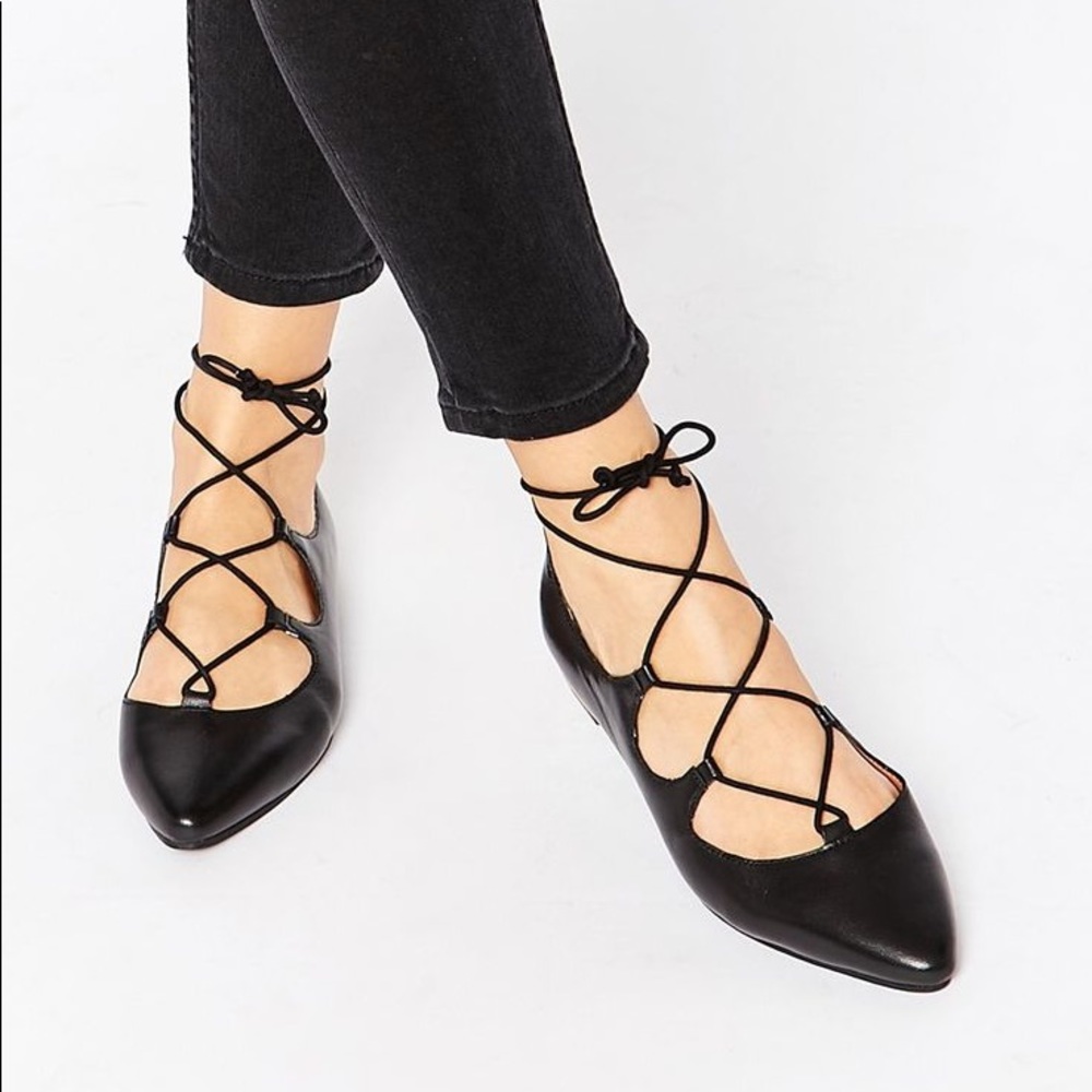 ASOS NWOT Pointed Black Lace Up Ballet Flat